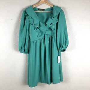 Melonie T Dress Womens 6 Green Ruffled V Neck Pleated Stretch Knee Length New